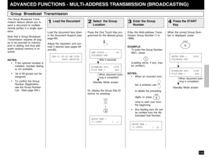 Page 115113
The Group Broadcast Trans-
mission feature allows you to
send a document to multiple
remote parties in a single oper-
ation.
Note that a Group Broadcast
Transmission requires all pag-
es to be scanned to memory
prior to dialing, and thus ade-
quate residual memory is re-
quired.
NOTES:
• If the optional handset is
installed, handset dialing
is not available.
• Up to 50 groups can be
assigned.
• To confirm the Group
Number Registration,
see the Group Number
List.  (See page 204.)Load the document face...