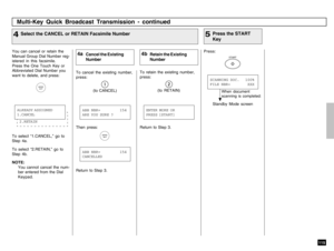 Page 117115
You can cancel or retain the
Manual Group Dial Number reg-
istered in this facsimile.
Press the One Touch Key or
Abbreviated Dial Number you
want to delete, and press:
Multi-Key Quick Broadcast Transmission - continued
Cancel the Existing
Number
4a
Retain the Existing
Number
4b
Press:
START
Press the START
Key
5
Select the CANCEL or RETAIN Facsimile Number
4
Standby Mode screen
When document
scanning is completed:
2.RETAINALREADY ASSIGNED
1.CANCEL
ABB NBR=         154
ARE YOU SURE ?ABB NBR=...