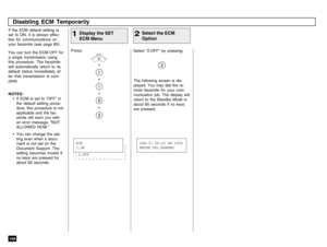 Page 170168
Press:
+
+
+
+Select “2.OFF” by pressing: If the ECM default setting is
set to ON, it is always effec-
tive for communications on
your facsimile (see page 60).
You can turn the ECM OFF for
a single transmission using
this procedure. The facsimile
will automatically return to its
default status immediately af-
ter that transmission is com-
plete.
NOTES:
• If ECM is set to “OFF” in
the default setting proce-
dure, this procedure is not
applicable and the fac-
simile will warn you with
an error message,...