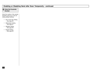 Page 174172Enter the number of the remote
facsimile using any of the fol-
lowing dialing methods.
• One Touch Key Dialing
... See page 90
• Abbreviated Dialing
... See page 91
• Alphabet Dialing
... See page 92
• Keypad Dialing
... See page 93
Enter the Facsimile
Number
5Enabling or Disabling Send after Scan Temporarily - continued 
