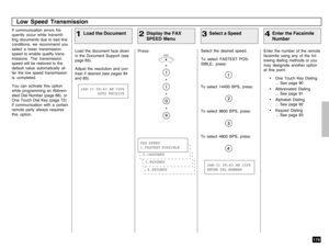 Page 181179
If communication errors fre-
quently occur while transmit-
ting documents due to bad line
conditions, we recommend you
select a lower transmission
speed to enable quality trans-
missions. The transmission
speed will be restored to the
default value automatically af-
ter the low speed transmission
is completed.
You can activate this option
while programming an Abbrevi-
ated Dial Number (page 66)  or
One Touch Dial Key (page 72)
if communication with a certain
remote party always requires
this option....
