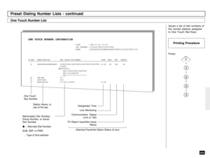 Page 205203
TIME : JAN-31-05 14:25
TEL NUMBER : 12345678901234567890
NAME : ABCDEFGHIJKLMNOPQRSTUVWXYZ12345678901234
Press:
+
+
+
+Issues a list of dial numbers of
the remote stations assigned
to One Touch Dial Keys.
Station Name, or
use of the key
One Touch
Key NumberAbbreviated Dial Number,
Group Number, or actual
Dial Number... Alternate Dial Number
SUB, SEP, or PWD
  ... Type of Sub-address
Preset Dialing Number Lists - continuedOne Touch Number List
Designated Time
 Line Monitoring
Communication Speed
Limit...