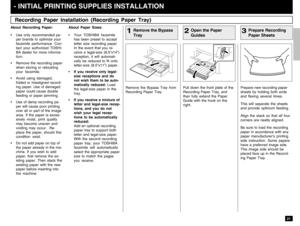 Page 2321
Remove the Bypass Tray from
Recording Paper Tray.Pull down the front plate of the
Recording Paper Tray, and
then fully extend the Paper
Guide with the hook on the
right. About Recording Paper:
• Use only recommended pa-
per brands to optimize your
facsimile performance. Con-
tact your authorized TOSHI-
BA dealer for more informa-
tion.
• Remove the recording paper
when storing or relocating
your facsimile.
• Avoid using damaged,
folded or misaligned record-
ing paper. Use of damaged
paper could cause...