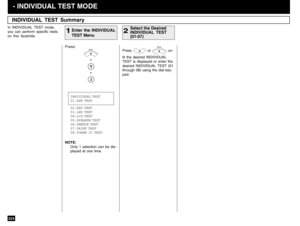 Page 226224INDIVIDUAL TEST Summary
In INDIVIDUAL TEST mode,
you can perform specific tests
on this facsimile.
Press:
+
+
Enter the INDIVIDUAL
TEST Menu
1
Select the Desired
INDIVIDUAL TEST
(01-07)
2Press 
 or 
MENU
 un-
til the desired INDIVIDUAL
TEST is displayed or enter the
desired INDIVIDUAL TEST (01
through 08) using the dial key-
pad.
 - INDIVIDUAL TEST MODE
NOTE:
Only 1 selection can be dis-
played at one time.
MENU
INDIVIDUAL TEST
01.ADF TEST
02.KEY TEST
03.LED TEST
04.LCD TEST
05.SPEAKER TEST
06.SENSOR...