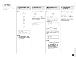 Page 229227
KEY TEST
Select the Key Test
Menu
1Press:
+
+
+
+ The key test checks key
switch operation on the Opera-
tion Panel.
Check the Keys
2Press all the key switches ex-
cept 
STOP
.
If all the keys except 
STOP
have been detected, the screen
below is displayed.
Exit the Key Test
Mode
3
The result of the key test can
be confirmed with the self test
report. To print the self test re-
port, refer to “PRINTING A
TEST RESULT” on page 235.
If the result of the key test is
judged to be NG, call your ser-
vice...