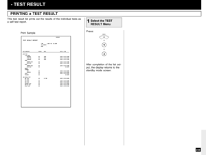 Page 237235
This test result list prints out the results of the individual tests as
a self test report.
PRINTING a TEST RESULT
Select the TEST
RESULT Menu
1Press:
+
+
Print Sample
 - TEST RESULT
After completion of the list out-
put, the display returns to the
standby mode screen.
MENU 