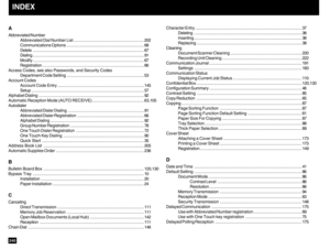 Page 242240INDEXAAbbreviated Number
Abbreviated Dial Number List ............................................................ 202
Communications Options.................................................................. 68
Delete............................................................................................... 67
Dialing............................................................................................... 91...