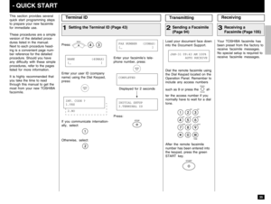 Page 3735
This section provides several
quick start programming steps
to prepare your new facsimile
for immediate use.
These procedures are a simple
version of the detailed proce-
dures listed in the manual.
Next to each procedure head-
ing is a convenient page num-
ber reference for the detailed
procedure. Should you have
any difficulty with these simple
procedures, refer to the pages
listed for more information.
It is highly recommended that
you take the time to read
through this manual to get the
most from...