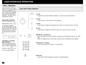 Page 3836- USER INTERFACE OPERATIONMenu Operation
Various functions of this fac-
simile can be used by selecting
menu items displayed in the
LCD window. Performing opera-
tions or settings by selecting
menu items is called “Menu
Operation.” The menus use a
multi-layered structure.
Starting Menu Operation:
When the facsimile is in the
Standby Mode, press 
MENU
to start Menu Operation.
(In the Standby Mode, the dis-
play shows the date, time and
residual memory % on the first
row and the receive mode on
the...