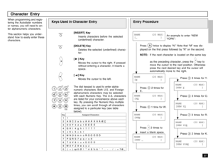 Page 3937
Character Entry
When programming and regis-
tering the Autodialer numbers
or names, you will need to en-
ter alphanumeric characters.
This section helps you under-
stand how to easily enter these
characters.
Keys Used in Character Entry
[INSERT] Key
Inserts characters before the selected
(underlined) character.
[DELETE] Key
Deletes the selected (underlined) charac-
ter.
[ 
 ] Key
Moves the cursor to the right. If pressed
without entering a character, it inserts a
space.
[  ] Key
Moves the cursor to...