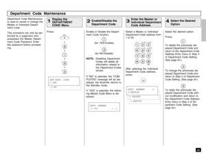 Page 575555
Department Code Maintenance
is used to cancel or change the
Master or Individual Depart-
ment Code.
This procedure can only be per-
formed by a supervisor who
possesses the Master Depart-
ment Code Password. Enter
this password before proceed-
ing.
Enable or Disable the Depart-
ment Code function.
(for YES-Enable)(for NO-Disable)
NOTE:Disabling Department
Codes will delete all
information related to
the Department Codes
stored.
If “NO” is selected, the “COM-
PLETED” message will be dis-
played, the...