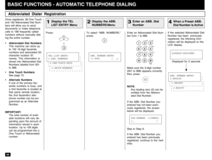 Page 6866BASIC FUNCTIONS - AUTOMATIC TELEPHONE DIALINGAbbreviated Dialer Registration
Once registered, 38 One Touch
and 150 Abbreviated Dial Num-
bers will allow you to send
documents or make telephone
calls to 188 frequently called
numbers without manually dial-
ing the entire number.
•Abbreviated Dial Numbers
This machine can store up
to 150 16-digit facsimile
numbers and associated 20-
character location ID
names. This information is
stored into Abbreviated Dial
Numbers labeled from 001
to 999.
•One Touch...