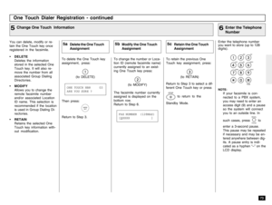 Page 7573
To delete the One Touch key
assignment, press:
(to DELETE)To retain the previous One
Touch key assignment, press:
(to RETAIN)
Return to Step 3 to select a dif-
ferent One Touch key or press
STOP
 to return to the
Standby Mode.
One Touch Dialer Registration - continued
You can delete, modify or re-
tain the One Touch key once
registered in the facsimile.
•DELETE
Deletes the information
stored in the selected One
Touch key. It will also re-
move the number from all
associated Group Dialing
Directories....