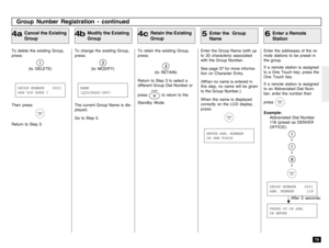 Page 8179
To delete the existing Group,
press:
(to DELETE)
To change the existing Group,
press:
(to MODIFY)To retain the existing Group,
press:
(to RETAIN)
Return to Step 3 to select a
different Group Dial Number or
press STOP
 to return to the
Standby Mode.
Enter the Group Name (with up
to 20 characters) associated
with the Group Number.
See page 37 for more informa-
tion on Character Entry.
(When no name is entered in
this step, no name will be given
to the Group Number.)
When the name is displayed
correctly...