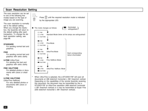 Page 8684The scan resolution can be set
to one of the following five
modes based on the type of
image you are scanning.
The scan resolution is normally
set to the default setting.
When you change the resolu-
tion, the facsimile will return to
the default setting after each
transaction. To change the de-
fault resolution setting, see
page 86.
STANDARD
For sending normal text and
graphics.
FINE
For sending normal text and
graphics with extra clarity.
U-FINE (Ultra-Fine)
For sending fine text and
graphics with...