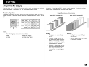 Page 8987
Paper Size for Copying - COPYINGYou can utilize the e-STUDIO170F as a convenient copier to make sorted copies of
original documents. The following are key points when making copies.
Recording Paper Size
The paper sizes usable with your fax unit are limited to Letter or Legal size. The re-
ceived document is recorded (printed) within the Effective Recording Area of the pa-
per.At the time of copying, the SORT function may be selected. This function will sort
multiple page copies into sets of...