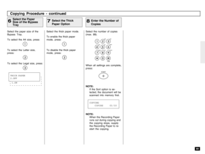 Page 9189
Select the number of copies
(max. 99).When all settings are complete,
press:
START
NOTE:
If the Sort option is se-
lected, the document will be
scanned into memory first.
Enter the Number of
Copies
8
Copying Procedure - continuedSelect the Paper
Size of the Bypass
Tray
6
Select the Thick
Paper Option
7
Select the paper size of the
Bypass Tray.
To select the A4 size, press:To select the Letter size,
press:To select the Legal size, press:
Select the thick paper mode.
To enable the thick paper
mode,...