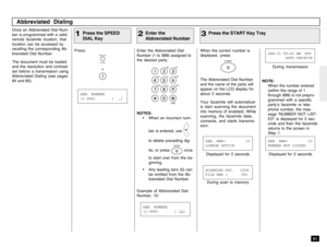 Page 9391
When the correct number is
displayed, press:
START
The Abbreviated Dial Number
and the name of the party will
appear on the LCD display for
about 2 seconds.
Your facsimile will automatical-
ly start scanning the document
into memory (if enabled). While
scanning, the facsimile dials,
connects, and starts transmis-
sion.
Once an Abbreviated Dial Num-
ber is programmed with a valid
remote facsimile location, that
location can be accessed by
recalling the corresponding Ab-
breviated Dial Number.
The...