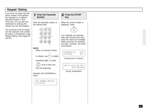Page 9593
If you have not preset the tele-
phone number of the destina-
tion facsimile to an Abbrevi-
ated Dial Number or One
Touch key, you can dial your
destination by entering the
number from the Dial Keypad.
The document must be loaded
and the resolution and contrast
set before a transmission using
Keypad Dialing. (See pages 84
and 85.)Enter the facsimile number of
the desired party.
NOTE:
When an incorrect number
is entered, use 
 to delete
preceding digits, or press
STOP
 once to start over
from the...