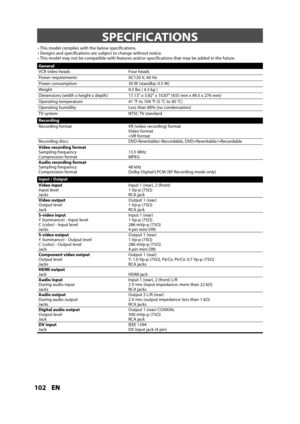 Page 102102ENEN
SPECIFICATIONS
General
VCR video headsFour heads
Power requirementsAC120 V, 60 Hz
Power consumption30 W (standby: 0.5 W)
Wei
ght9.5 lbs ( 4.3 kg )
Dimensions (wi
dth x height x depth)17.13” x 3.92” x 10.87” (435 mm x 99.5 x 276 mm)
Operating temperature41 °F to 104 °F (5 °C to 40 °C)
Operating humidityLess than 80% (no condensation)
TV systemNTSC TV standard
Recording
Recording 
formatVR (video recording) formatVideo format+VR format
Recording discsDVD-Rewritable/-Recordable,...
