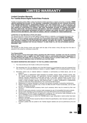 Page 103103ENEN
Disc 
Management
Recording
Playback
Introduction
Connections
Basic Setup
Editing
Function Setup
VCR Function
Others
LIMITED WARRANTY
Limited Canadian Warranty
For Toshiba Brand Digital Audio/Video Products 
Toshiba of Canada Limited (TCL) makes the following limited warranties to original consumers in Canada. THESE 
LIMITED WARRANTIES EXTEND TO THE ORIGINAL CONSUMER PURCHASER OR ANY PERSON RECEIVING 
THIS TOSHIBA BRAND DIGITAL AUDIO/VIDEO PRODUCT (the DAV PRODUCT(S) or DAV Product(s)) AS 
A GIFT...