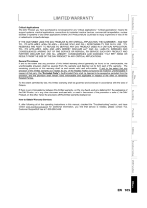 Page 105105ENEN
Disc 
Management
Recording
Playback
Introduction
Connections
Basic Setup
Editing
Function Setup
VCR Function
Others
LIMITED WARRANTY
Critical Applications 
The DAV Product you have purchased is not designed for any “critical applications.” “Critical applications” means life 
support systems, medical applications, connections to implanted medical devices, commercial transportation, nuclear 
facilities or systems or any other applications where DAV Product failure could lead to injury to persons or...