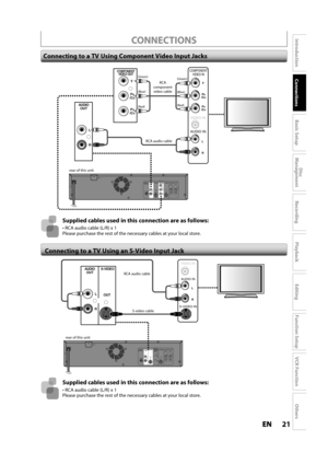 Page 2121ENEN
Disc 
Management
Recording
Playback
Introduction
Connections
Basic Setup
Editing
Function Setup
VCR Function
Others
CONNECTIONS
 Connecting to a TV Using Component Video Input Jacks
Connecting to a TV Using an S-Video Input Jack
Supplied cables used in this connection are as follows:
 RCA audio cable (L/R) x 1Please purchase the rest of the necessary cables at your local store.
Supplied cables used in this connection are as follows:
 RCA audio cable (L/R) x 1Please purchase the rest of the...