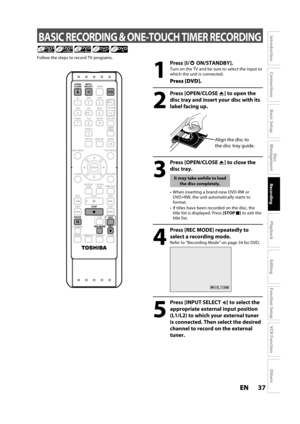 Page 3737ENEN
Disc 
Management
Recording
Playback
Introduction
Connections
Basic Setup
Editing
Function Setup
VCR Function
Others
BASIC RECORDING & ONE-TOUCH TIMER RECORDING
1
Press [I/yyON/STANDBY].
Turn on the TV and be sure to select the input to
which the unit is connected.
Press [DVD].
2
Press [OPEN/CLOSE A] to open the
disc tray and insert your disc with its 
label 
facing up.
Align the disc to 
the disc tray guide.
3
Press [OPEN/CLOSE A] to close the
disc tra
y.
It may take awhile to load 
the disc...
