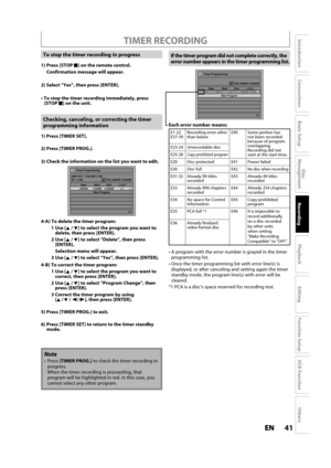 Page 4141ENEN
Disc 
Management
Recording
Playback
Introduction
Connections
Basic Setup
Editing
Function Setup
VCR Function
Others
Checking, canceling, or correcting the timer
programming information
If the timer program did not complete correctly, the 
error number appears in the timer programming list.
1) Press [TIMER SET].
2) Press [TIMER PROG.].
3) Check the information on the list you want to edit.
Timer Programming
1/1 THU JAN/06 10:00AM SP  (1:00) JAN/  6/11  1:00 AM L1 SP
   Date  Start  End  L1/L2...