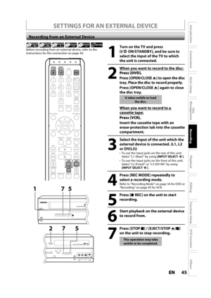 Page 4545ENEN
Disc 
Management
Recording
Playback
Introduction
Connections
Basic Setup
Editing
Function Setup
VCR Function
Others
SETTINGS FOR AN EXTERNAL DEVICE
Recording from an External Device
1
Turn on the TV and press 
[I/yy ON/STANDBY], and be sure to
select the input o
f the TV to which
t
he unit is connected.
2
When you want to record to the disc:yy
Press [DVD].
Press [OPEN/CLOSEA] to open the disc 
tray. P
lace the disc to record properly.
Press [OPEN/CLOSEA] again to close
the disc tra
y.
It takes...