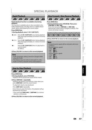Page 5757ENEN
Disc 
Management
Recording
Playback
Introduction
Connections
Basic Setup
Editing
Function Setup
VCR Function
Others
SPECIAL PLAYBACK
Rapid playback function is available only during
playback.
This function is available only on discs recorded in the 
Dolby Digital format, and plays back in a slightly faster/
slower speed while keeping the sound output.
Press [DVD] first.
1) During  playback, press [1.3X / 0.8X PLAY].
B x0.8:Press [1.3X / 0.8X PLAY]once during playback.Plays back approximately at...