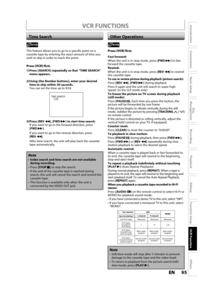 Page 9595ENEN
Disc 
Management
Recording
Playback
Introduction
Connections
Basic Setup
Editing
Function Setup
VCR Function
Others
VCR FUNCTIONS
Time SearchOther Operations
This feature allows you to go to a specific point on a 
cassette tape by entering the exact amount of time you
wish to ski
p in order to reach the point.
Press [VCR] first.
1) Press  [SEARCH]  repeatedly so that “TIME SEARCH”
menu appears.
2) Using [the Number buttons], enter your desiredtime to skip within 30 seconds.You can set the time up...