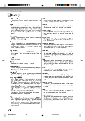 Page 70Additional information
70
Glossary
A-B Repeat Playback
Playback that repeats between two set points, A and
B.
angle
Recorded onto some DVD discs are scenes which
have been simultaneously shot from a number of dif-
ferent angles (the same scene is shot from the front,
from the left side, from the right side, etc.). With such
discs, you can select the angle from which to view the
scene.
auto chapter
Feature that automatically makes chapter marks on a
DVD disc during recording.
blue background
Feature that...