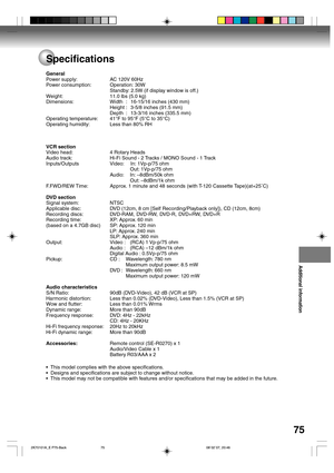 Page 75Additional information
75
General
Power supply:
Power consumption:
Weight:
Dimensions:
Operating temperature:
Operating humidity:
VCR section
Video head:
Audio track:
Inputs/Outputs
F.FWD/REW Time:
DVD section
Signal system:
Applicable disc:
Recording discs:
Recording time:
(based on a 4.7GB disc)
Output:
Pickup:
Audio characteristics
S/N Ratio:
Harmonic distortion:
Wow and flutter:
Dynamic range:
Frequency response:
Hi-Fi frequency response:
Hi-Fi dynamic range:
Accessories:AC 120V 60Hz
Operation: 30W...