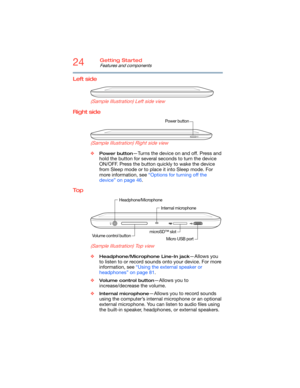 Page 2424Getting Started
Features and components
Left side
   
 
 
 
 
 
 (Sample Illustration) Left side view
Right side
                                        
       (Sample Illustration) Right side view
❖Power button—Turns the device on and off. Press and 
hold the button for several seconds to turn the device 
ON/OFF. Press the button quickly to wake the device 
from Sleep mode or to place it into Sleep mode. For 
more information, see “Options for turning off the 
device” on page 46.
To p...