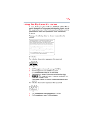 Page 1515
5.375 x 8.375 ver 2.3
Using this Equipment in Japan
In Japan, the frequency bandwidth of 2,400 MHz to 2,483.5 MHz for 
second generation low-power data communication systems such as 
this equipment overlaps that of mobile object identification systems 
(premises radio station and specified low-power radio station).
1. Sticker
Please put the following sticker on devices incorporating this 
product.
2. Indication
The indication shown below appears on this equipment.
12.4: This equipment uses a frequency...