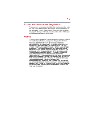 Page 1717
5.375 x 8.375 ver 2.3
Export Administration Regulation
This document contains technical data that may be controlled under 
the U.S. Export Administration Regulations, and may be subject to 
the approval of the U.S. Department of Commerce prior to export. 
Any export, directly or indirectly, in contravention of the U.S. Export 
Administration Regulations is prohibited.
Notice
The information contained in this manual, including but not limited to 
any product specifications, is subject to change without...