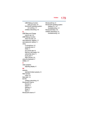 Page 179179Index
USB Wakeup function
does not work 149
Windows® operating system 
not working 125
wireless networking 140
U
USB Sleep and Charge
cannot use 148
USB Wakeup function
does not work 149
user password, deleting 113
user password, setting 111
using
a microphone 102
computer lock 65
DVDs 72
eco power plan 88
Memory card reader 104
optical disc drive 72
touch pad 57
We b  C a m e r a  104
using the keyboard 67
Utilities 107
V
video projector
adjusting display 63
W
warranty
standard limited warranty 30
We...