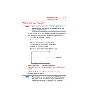 Page 5757Getting Started
Using the touch pad
Using the touch pad
Some of the touch pad operations described in this 
section are only supported in certain applications, and 
only on certain models.
You can use the touch pad (the small, touch-sensitive area in 
front of the keyboard) and the adjacent control buttons to:
❖Move the pointer on the screen
❖Select an item on the screen
❖Open or activate an item on the screen 
❖Scroll through a document or information 
❖Zoom in for a close-up view 
❖Zoom out to see...