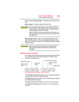 Page 7575Learning the Basics
Using the optical disc drive
Drive in-use indicator light—Indicates when the drive is in 
use. 
Eject button—Press to release the disc tray. 
Do not press the eject button or turn off the computer 
while the drive in-use indicator light is glowing. Doing so 
could damage the disc or the drive. 
When the disc tray is open, be careful not to touch the 
lens or the area around it. Doing so could cause the drive 
to malfunction.
Manual eject hole—Use if you need to release the disc...