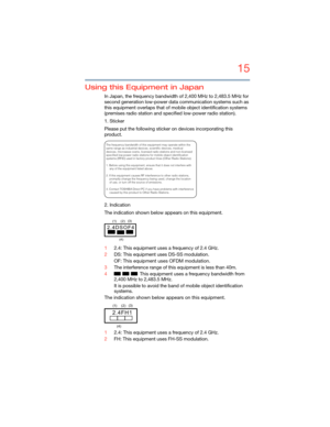 Page 1515
5.375 x 8.375 ver 2.3
Using this Equipment in Japan
In Japan, the frequency bandwidth of 2,400 MHz to 2,483.5 MHz for 
second generation low-power data communication systems such as 
this equipment overlaps that of mobile object identification systems 
(premises radio station and specified low-power radio station).
1. Sticker
Please put the following sticker on devices incorporating this 
product.
2. Indication
The indication shown below appears on this equipment.
12.4: This equipment uses a frequency...
