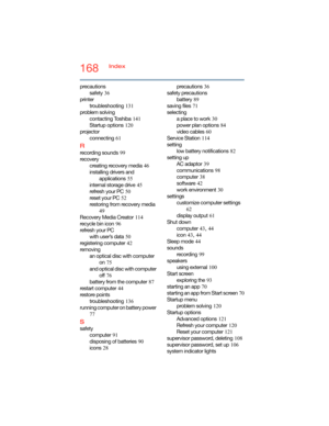 Page 168168Index
precautions
safety
 36
printer
troubleshooting
 131
problem solving
contacting Toshiba
 141
Startup options
 120
projector
connecting
 61
R
recording sounds 99
recovery
creating recovery media
 46
installing drivers and 
applications
 55
internal storage drive
 45
refresh your PC
 50
reset your PC
 52
restoring from recovery media
 
49
Recovery Media Creator
 114
recycle bin icon
 96
refresh your PC
with user’s data
 50
registering computer
 42
removing
an optical disc with computer 
on
 75
and...