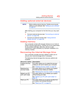 Page 4545Getting Started
Adding optional external devices
Adding optional external devices
Before adding external devices, Toshiba recommends 
setting up your software. See “Setting up your software” 
on page 42.
After starting your computer for the first time you may want 
to:
❖Connect external devices (see “Connecting an external 
device” on page 59)
❖Connect an external monitor (see “Using external 
display devices” on page 60)
Adding memory
Your computer comes with enough memory to run most of 
today’s...