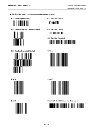 Page 120
APPENDIX 3  PRINT SAMPLES ENGLISH VERSION EO1-33089 
APPENDIX 3  PRINT SAMPLES
 
EA3- 4 
●  GS1 DataBar family (with no compound composite printed) 
 
GS1 DataBar (Truncated)  GS1 DataBar Stacked 
 
 
 
 
GS1 DataBar Stacked Omnidirectional  GS1 DataBar Limited 
 
 
 
  GS1 DataBar Expanded 
 
 
 
 
 
GS1 DataBar Expanded Stacked  UPC-A 
 
 
 
 
 
 
 
 
 
 
 
 
UPC-E EAN-13 
 
 
 
 
 
 
 
 
 
EAN-8  UCC/EAN-28 with CC-A, CC-B, or CC-C 
 
 
  