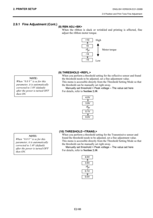 Page 80
2. PRINTER SETUP ENGLISH VERSION EO1-33089 
2.9 Position and Print Tone Fine Adjustment
 
E2-66  
2.9.1  Fine Adjustment (Cont.) 
 
 
 
 
 
 
 
 
 
 
 
 
 
 
 
 
 
 
 
 
 
 
 
 
 
 
 
 
 
 
 
   (8) RBN ADJ. 
  When the ribbon is slack or wri
nkled and printing is affected, fine 
adjust the ribbon motor torque.  
 
 
 
 
 
 
 
 
 
(9) THRESHOLD  
  When you perform a threshold setting for the reflective sensor and found 
the threshold needs to be adjusted, set a fine adjustment value.   
This menu is...