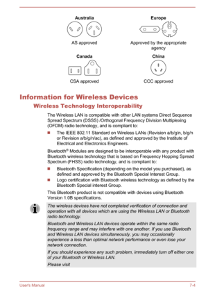 Page 103Australia
AS approved
Europe
Approved by the appropriateagency
Canada
CSA approved
China
CCC approved
Information for Wireless Devices
Wireless Technology Interoperability
The Wireless LAN is compatible with other LAN systems Direct Sequence
Spread Spectrum (DSSS) /Orthogonal Frequency Division Multiplexing (OFDM) radio technology, and is compliant to:
The IEEE 802.11 Standard on Wireless LANs (Revision a/b/g/n, b/g/n
or Revision a/b/g/n/ac), as defined and approved by the Institute of
Electrical and...