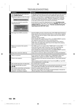 Page 102102 EN
TROUBLESHOOTING
SymptomRemedy
D V
D T
he d isc tray d oes not op en  when  you 
p ress  [OPEN/CLOSE  A]. • It
 may  take a  few  second s for  the d isc tray  to op en  after  you have record ed 
or  ed ited  a d isc. T his is because  the unit  is adding d isc data to the d isc.
“Repairing”  appears on the TV screen.
Repairing
• If there  is a p ower  failure  or unplugging d uring recording,  finalizing, 
formatting  or editing  (even after “Repairing” disappears),  a repairing 
process  will...