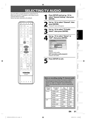 Page 3131EN
Disc 
Management
Recording
Playback
Introduction
Connections
Basic Setup
Editing
Function Setup
VCR Function
Others
SELECTING TV AUDIO
SE-R0297
OPEN/
CLOSE INPUT
SELECT HDMI
.@/: ABC GHI
PQRS TUV
SPACE
SETUP DISPLAY AUDIO TIMER
PROG.
DISC MENU
CLEAR RETURN TOP MENU
WXYZ
JKL MNO DEF
ENTER
INSTANT
SKIP
PLAY
DVD
VCR
PAUSE REV
SKIP
STOPSKIP
FWD
1.3x/0.8x
PLAYTIME SLIP
TIMER SET ZOOM
SEARCH
REPEAT REC
REC MODE
DUBBING CH
ENTER
SETUP
1
  Press [SETUP] and use [K / L] to 
select “General Setting”, then...