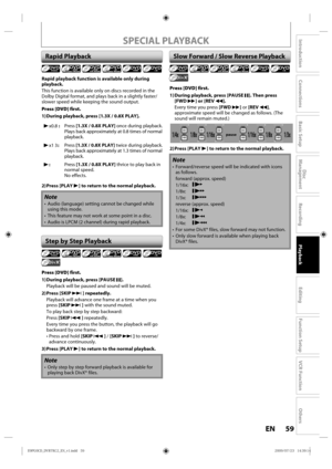 Page 5959EN
Disc 
Management
Recording
Playback
Introduction
Connections
Basic Setup
Editing
Function Setup
VCR Function
Others
SPECIAL PLAYBACK
Rapid playback function is available only during 
playback.
This  function  is available  only on discs recorded  in the 
Dolby D igital format,  and plays  back in a slightly  faster/
slower  speed while k eeping  the sound  output.
Press [DVD] first.
1) During playback, press [
1.3X / 0.8X PLAY].
B  x0.8  :
Press  [1.3X / 0.8X PLAY] once d uring playback.Plays  back...