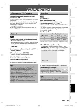 Page 9797EN
Disc 
Management
Recording
Playback
Introduction
Connections
Basic Setup
Editing
Function Setup
VCR Function
Others
VCR FUNCTIONS
Playback
 Recording
1) Press  [I/y ON/STANDBY] on the remote control or 
the front panel of the unit.
When  you are playing  back a cassette  tape, turn on the 
TV  and  be sure  to select  the input  to which  the unit  is 
connected.
Press [VCR].
2) Insert a prerecorded cassette tape. Press [PLAY B]  to begin playback.
3) During playback, press [PAUSE F]. Playback  will...